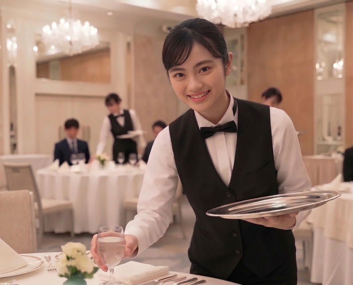 宴会場でサービスするスタッフ